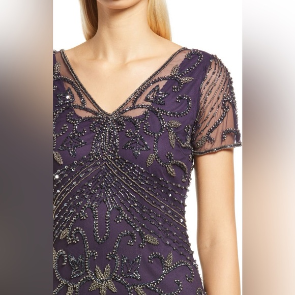 PISSARO NIGHTS BEADED MESH COLUMN EVENING GOWN DRESS IN PLUM SIZE 2 NWOT - Picture 4 of 6